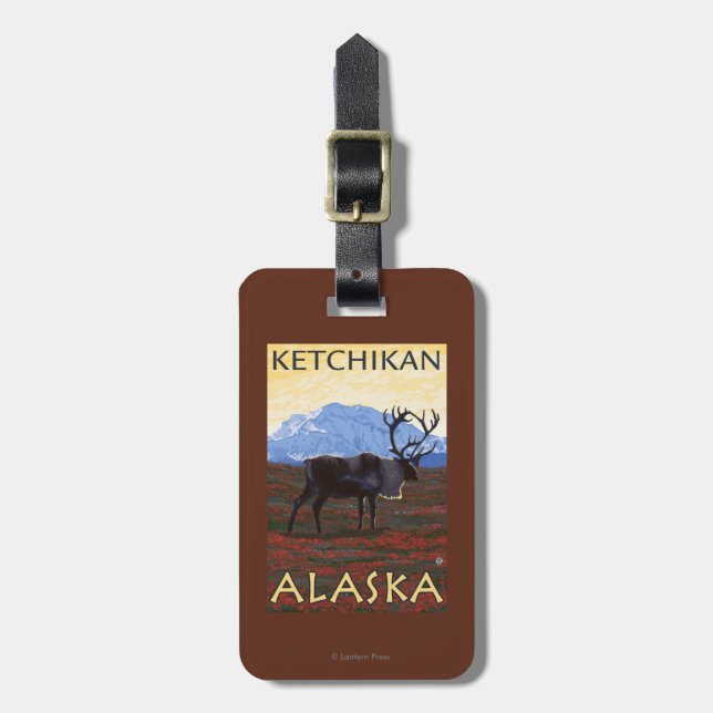 Étiquette À Bagage Scène de caribou - Ketchikan, Alaska (Devant Vertical)