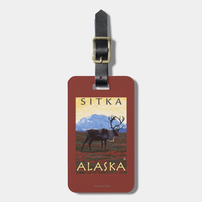 Étiquette À Bagage Scène de caribou - Sitka, Alaska (Devant Vertical)