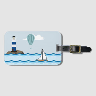 Étiquette À Bagage Scène nautique avec phare et voilier