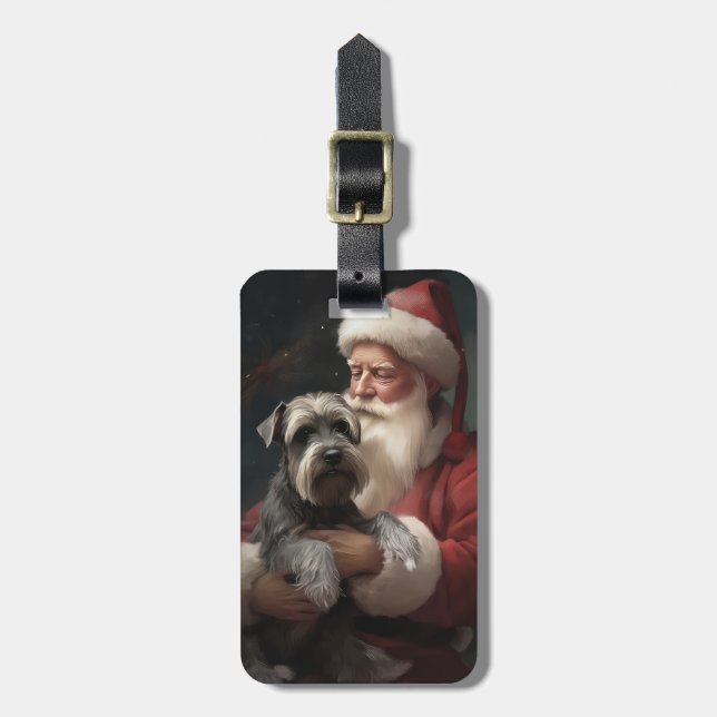 Étiquette À Bagage Schnauzer avec Noël Festif du Père Noël (Devant Vertical)