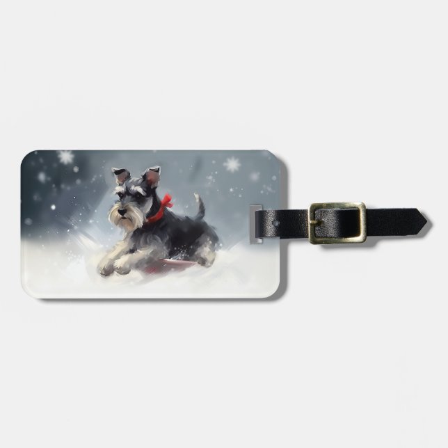 Étiquette À Bagage Schnauzer miniature neige de Noël hiver (Devant horizontal)