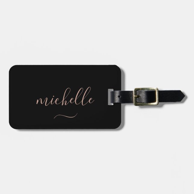Étiquette À Bagage Script élégant Monogramme Black Gold Girly (Devant horizontal)