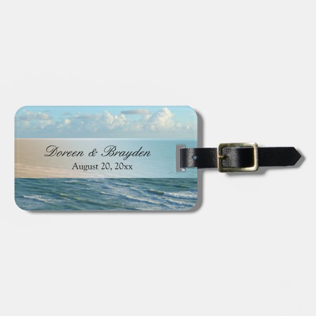 Étiquette À Bagage Seascape Beach Mariage Océan Bleu (Devant horizontal)