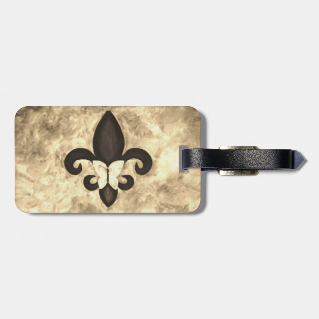 Étiquette À Bagage Sepia Butterfleur | Tan Butterfly on Fleur de Lis (Dos horizontal)