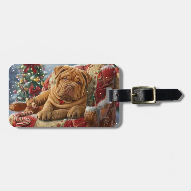 Étiquette À Bagage Shar Pei Chien Festif de Noël (Devant horizontal)