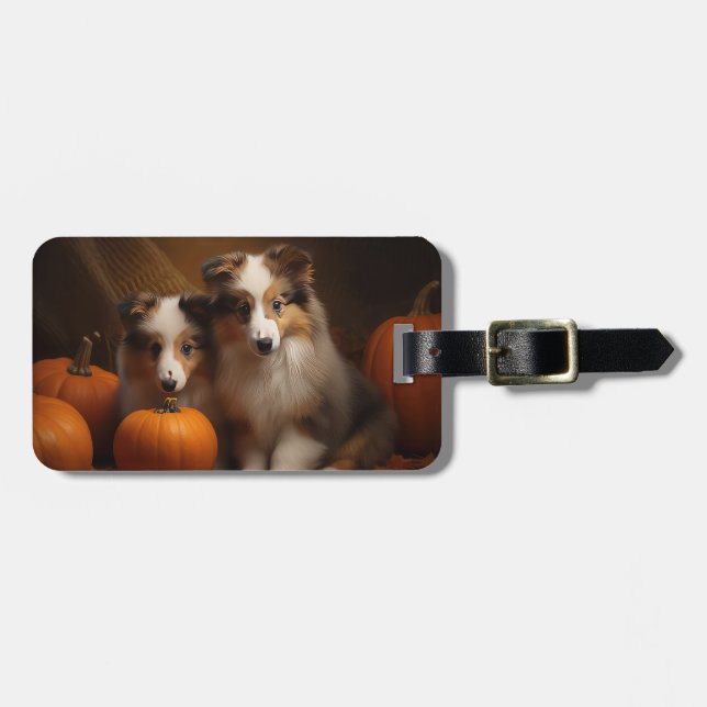 Étiquette À Bagage Shetland Sheepdog Chiot Chiot Automne Citrouille d (Devant horizontal)