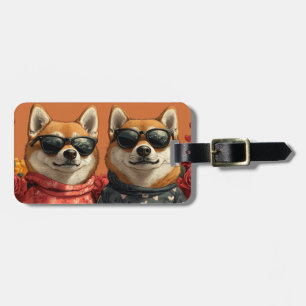 Étiquette À Bagage Shiba Inu  avec Roses de cœur Saint-Valentin 