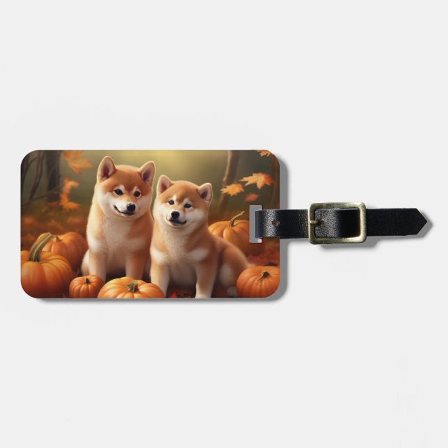 Étiquette À Bagage Shiba Inu Chiot Automne Citrouille de plaisir (Devant horizontal)