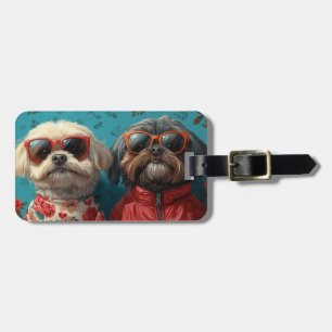 Étiquette À Bagage Shih Tzu avec Roses de Saint-Valentin 
