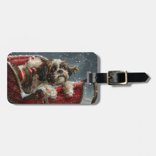 Étiquette À Bagage Shih Tzu Chien Festif de Noël (Devant horizontal)