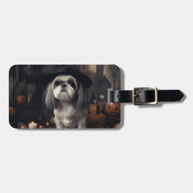 Étiquette À Bagage Shih Tzu Citrouilles Halloween effrayant (Devant horizontal)