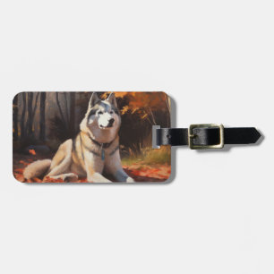 Étiquette À Bagage Siberian Husky dans les feuilles d'automne chute i