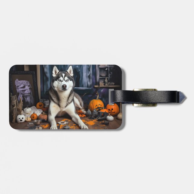 Étiquette À Bagage Sibérie Husky Citrouille Halloween effrayant (Dos horizontal)