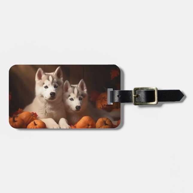 Étiquette À Bagage Sibérie Husky Puppy Citrouille d'automne (Devant horizontal)