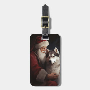 Étiquette À Bagage Sibérien Husky avec Noël Festif du Père Noël