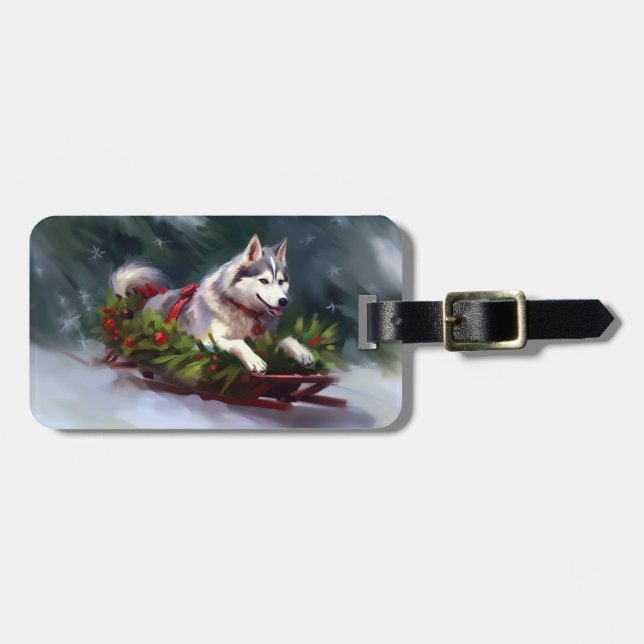 Étiquette À Bagage Sibérien Husky neige de Noël hiver (Devant horizontal)