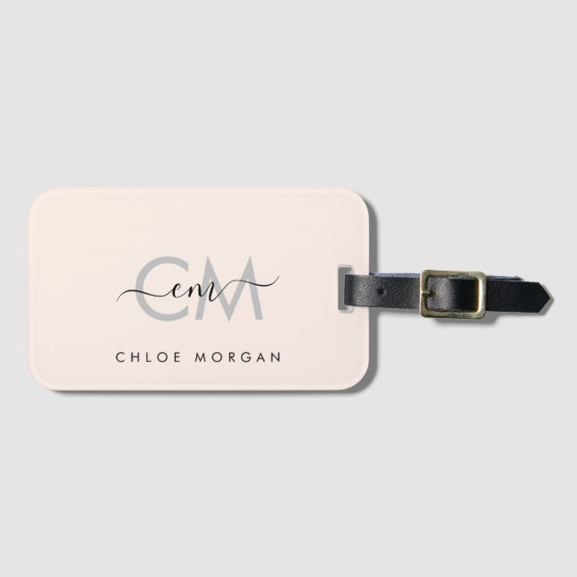 Étiquette À Bagage Signature de script rose clair moderne monogramme (Devant Horizontal)
