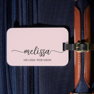 Étiquette À Bagage Signature en écriture cursive avec monogramme rose