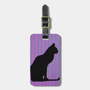 Étiquette À Bagage Silhouette de chat noir sur les rayures pourpres