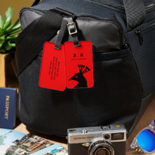 Étiquette À Bagage Silhouette Paon Monogramme Noir Rouge