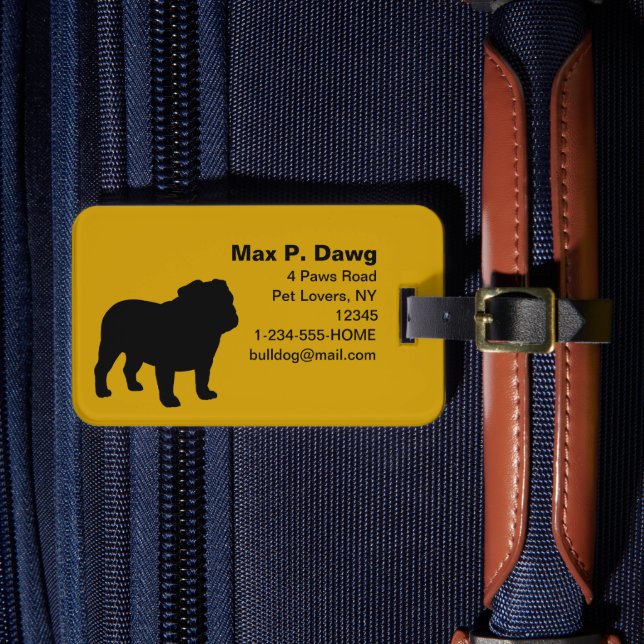 Étiquette À Bagage Silhouettes Bulldog en anglais avec texte personna (Insitu Rectoal 4)