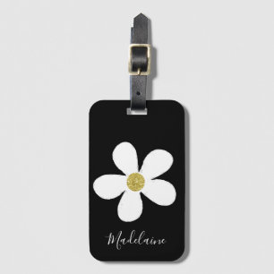 Étiquette À Bagage Simple Black White Daisy Gold Voyage personnel