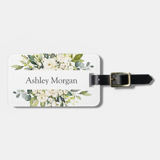 Étiquette À Bagage Simple Elégant Rose Blanc Vert Floral (Devant horizontal)