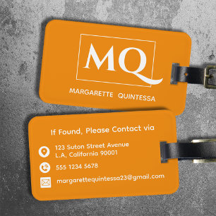 Étiquette À Bagage Simple Elegant Tangerine Orange et Monogramme blan