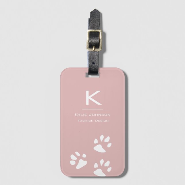 Étiquette À Bagage Simple élégante patte de chien mignonne rose Monog (Devant Vertical)