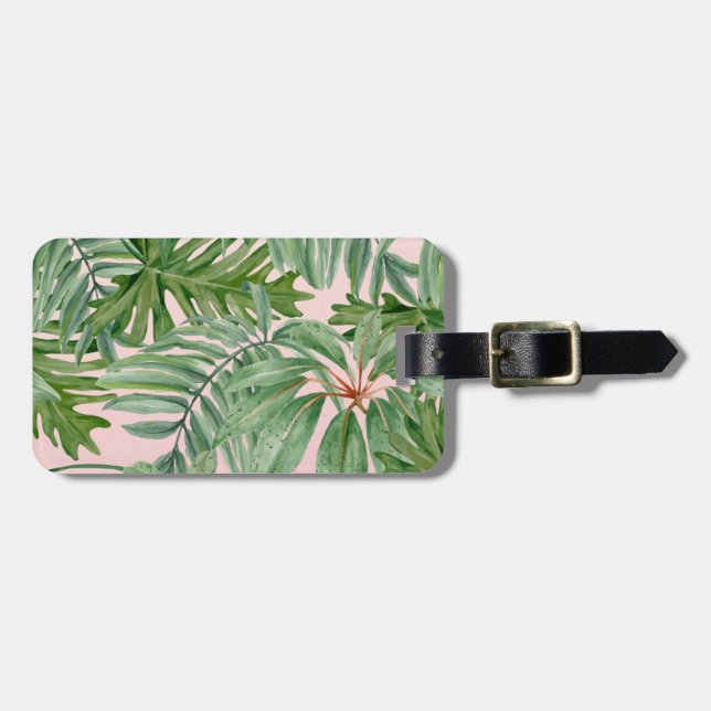 Étiquette À Bagage Simple moderne Pink Palm Leaf Tropical Floral (Devant horizontal)