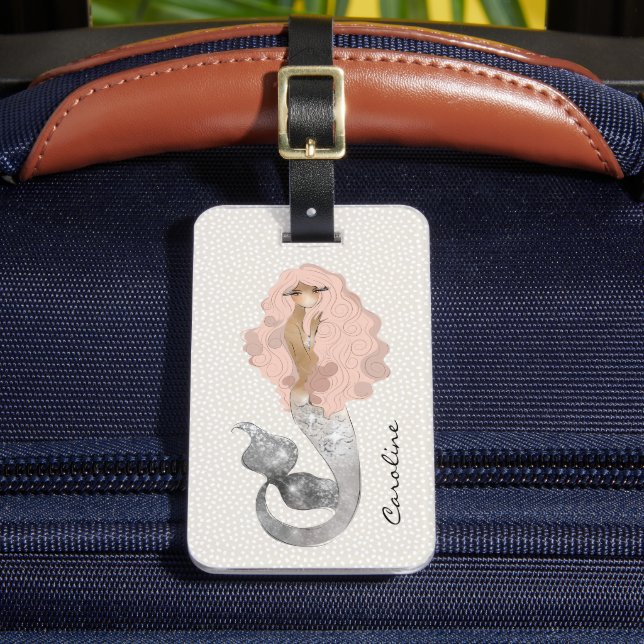 Étiquette À Bagage Sirène avec cheveux roses et votre nom (Insitu Rectoal 2)
