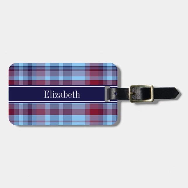 Étiquette À Bagage Sky Blue Navy Bourgogne Preppy Madras N Monogram (Devant horizontal)