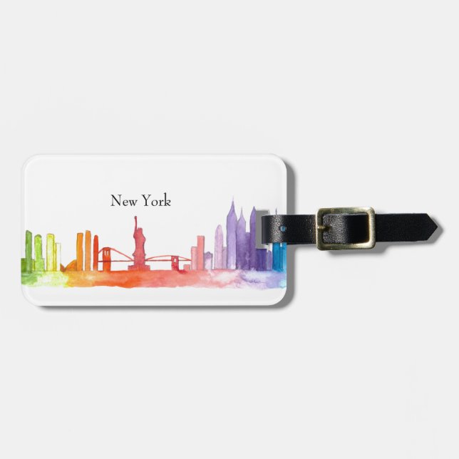 Étiquette À Bagage Skyline de NEW YORK Ville Aquarelle cool moderne (Devant horizontal)