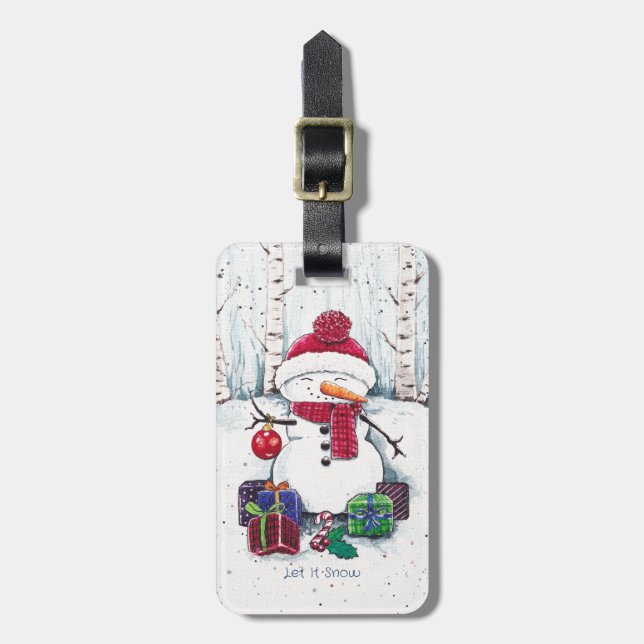 Étiquette À Bagage Snowman Avec Cadeaux En Aquarelle (Devant Vertical)