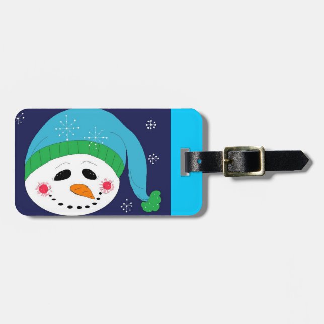 Étiquette À Bagage Snowman dans un Casquette bleu (Devant horizontal)