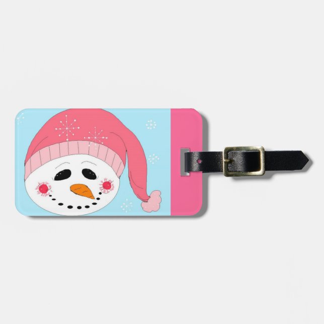 Étiquette À Bagage Snowman dans un Casquette rose (Devant horizontal)