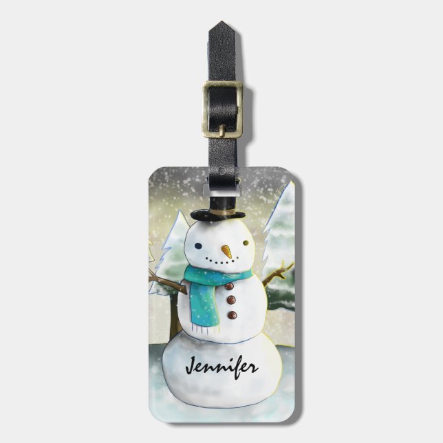Étiquette À Bagage Snowman en hiver sur la scène de Noël (Devant Vertical)