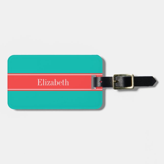 Étiquette À Bagage Solid Teal, Coral Red Ribbon Monogram (Devant horizontal)