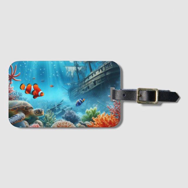Étiquette À Bagage Sous la mer, tortue, corail, bateau, poisson clown (Devant Horizontal)