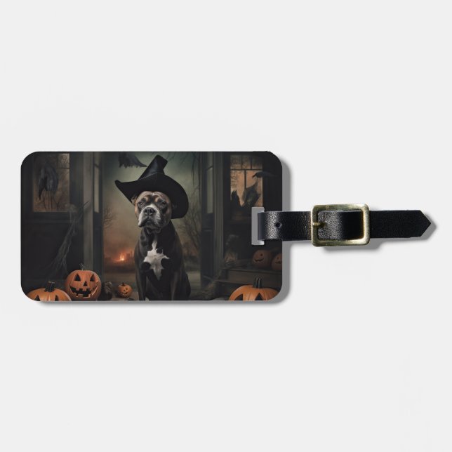 Étiquette À Bagage Staffordshire Terrier Citrouilles Halloween effray (Devant horizontal)
