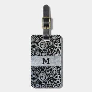 Étiquette À Bagage Steampunk Argent Zinc engrenages Personnalisé Mono