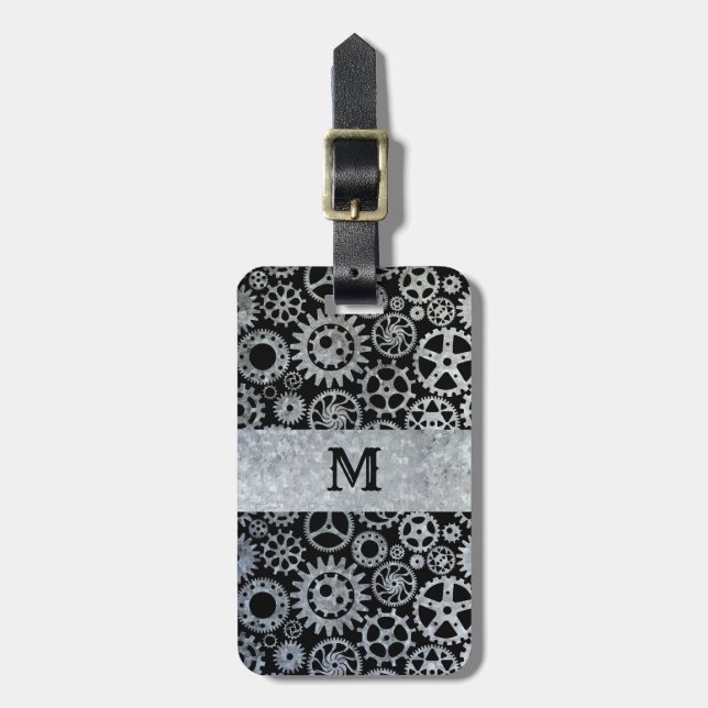 Étiquette À Bagage Steampunk Argent Zinc engrenages Personnalisé Mono (Devant Vertical)