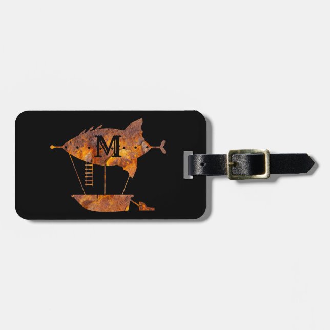 Étiquette À Bagage Steampunk Coloror Rust Airship Custom Monogramme (Devant horizontal)