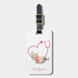 Étiquette À Bagage Stéthoscope rose Floral Infirmière cardiaque