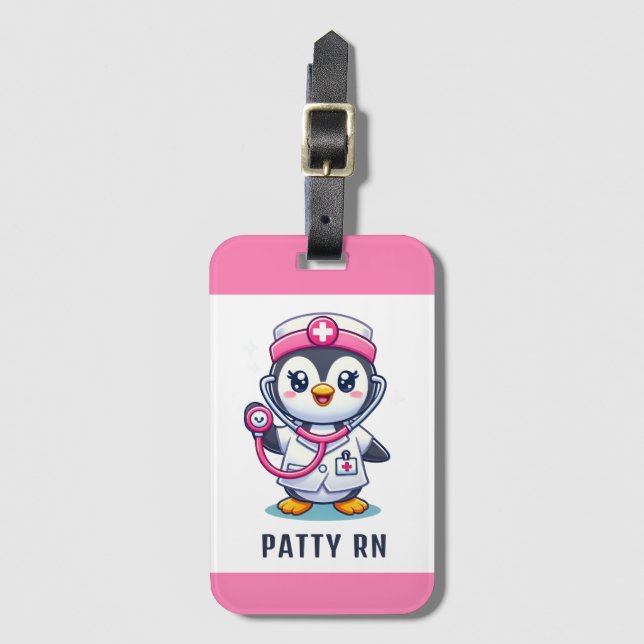 Étiquette À Bagage Stethoscope rose Infirmier pinguin mignon personna (Devant Vertical)