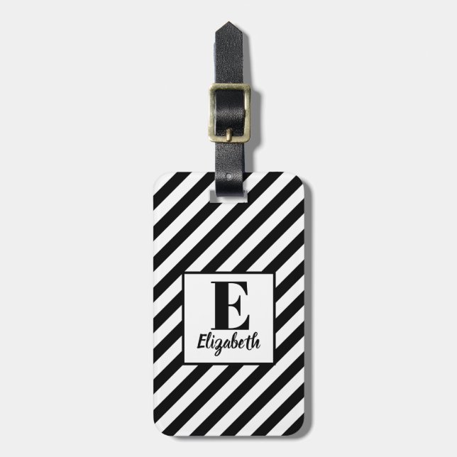 Étiquette À Bagage Stripes et noms diagonaux noirs et blancs modernes (Devant Vertical)