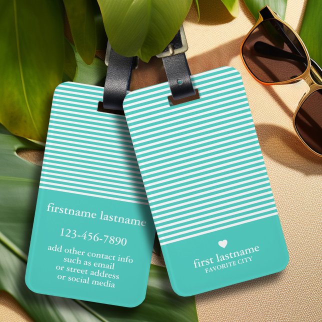 Étiquette À Bagage Stripes modernes avec haut niveau de coeur Monogra (Personalized luggage tag with monogram - contact info on back)