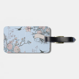 Étiquette À Bagage Style asiatique Pastel Pink Lys et Roses sur Blue