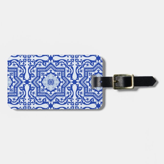 Étiquette À Bagage Style azulejo en céramique craquée bleue Azulejo V (Devant horizontal)