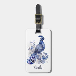 Étiquette À Bagage Style bleu et blanc Delft paon avec fleurs